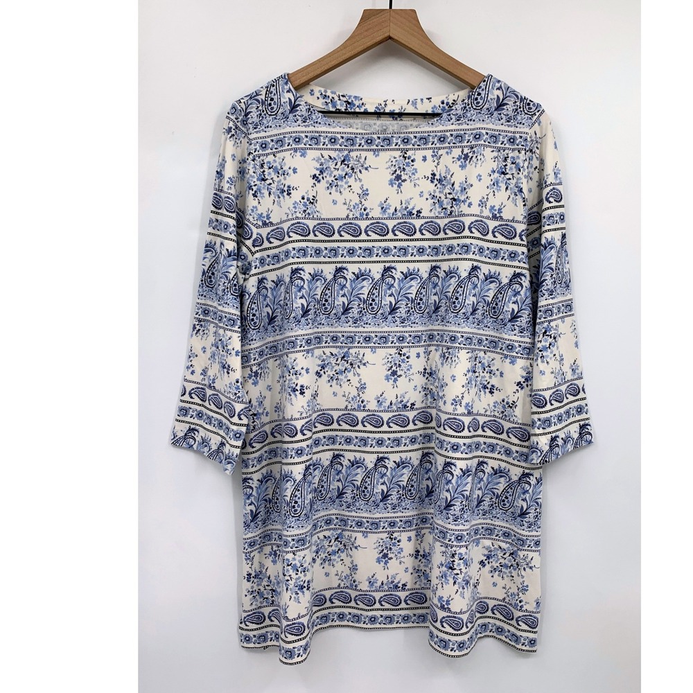 J Jill Womens Large Blue White Floral‎ Paisley Luxe Supima Cotton 3/4 Sleeve